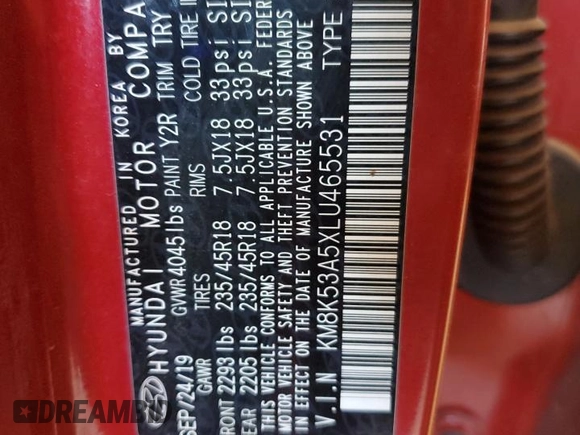 2020 Hyundai Kona Ultimate with VIN KM8K53A5XLU465531, listed as a Copart auction lot 64053502 with 57,291 mi miles. Bid and sale history available at carsss.com. Image 10.