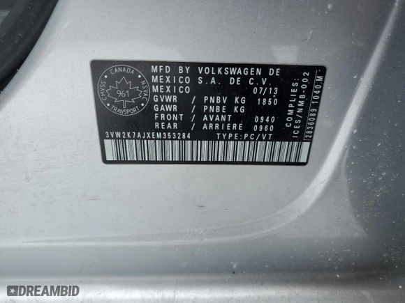 2014 Volkswagen Jetta Sedan S with VIN 3VW2K7AJXEM353284, listed as a Copart auction lot 46506045 with 337,216 mi miles and Salvage Title. Bid and sale history available at carsss.com. Image 12.