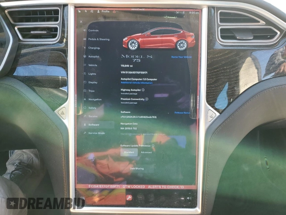 2016 Tesla Model S 70 with VIN 5YJSA1E17GF159171, listed as a Copart auction lot 57258495 with 119,849 mi miles and Salvage title. Bid and sale history available at DreamBid. Image 9.