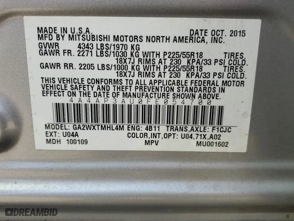 2015 Mitsubishi Outlander Sport ES with VIN 4A4AP3AU0FE054700, listed as a Copart auction lot 46096215 with 175,568 mi miles and Salvage Title. Bid and sale history available at carsss.com. Image 13.