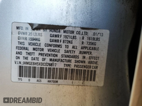 2013 Honda Fit Sport with VIN JHMGE8H5XDC026817, listed as a Copart auction lot 49682795 with 129,618 mi miles and Salvage Title. Bid and sale history available at carsss.com. Image 14.