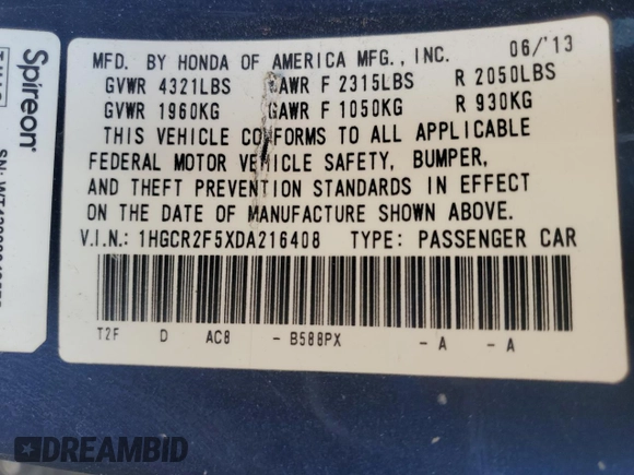 2013 Honda Accord Sport with VIN 1HGCR2F5XDA216408, listed as a Copart auction lot 54956235 with 151,112 mi miles and Salvage Title. Bid and sale history available at DreamBid. Image 13.
