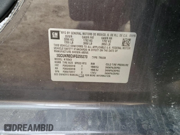 2015 Chevrolet Silverado 1500 LT with VIN 3GCUKREC9FG255270, listed as a Copart auction lot 45461935 with 152,540 mi miles and Salvage Title. Bid and sale history available at carsss.com. Image 14.