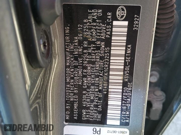 2012 Toyota Camry L with VIN 4T4BF1FK1CR232515, listed as a Copart auction lot 53875875 with 159,789 mi miles and Salvage Title. Bid and sale history available at DreamBid. Image 12.