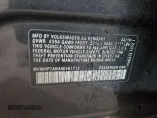 2010 Volkswagen CC Luxury с VIN WVWHP7AN4AE561713, выставлен на аукционе Copart как лот 59707665 с пробегом Не указан миль и Чистый • Clean title. История ставок и продаж доступна на DreamBid. Изображение 12.