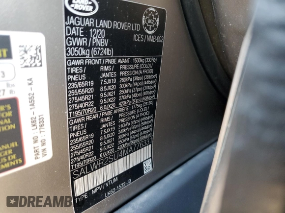 2021 Land Rover Range Rover Sport HSE Silver Edition with VIN SALWR2SU4MA776331, listed as a Copart auction lot 71182984 with 36,140 mi miles and Salvage title. Bid and sale history available at DreamBid. Image 12.