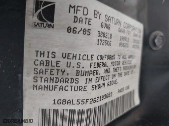 2006 Saturn ION with VIN 1G8AL55F26Z103683, listed as a IAAI auction lot 41678636 with 109,000 mi miles. Bid and sale history available at carsss.com. Image 9.