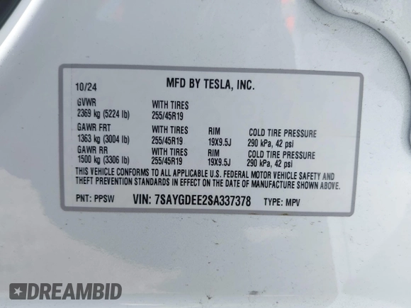 2025 Tesla Model Y Long Range with VIN 7SAYGDEE2SA337378, listed as a IAAI auction lot 41940840 with 1,676 mi miles and . Bid and sale history available at DreamBid. Image 9.