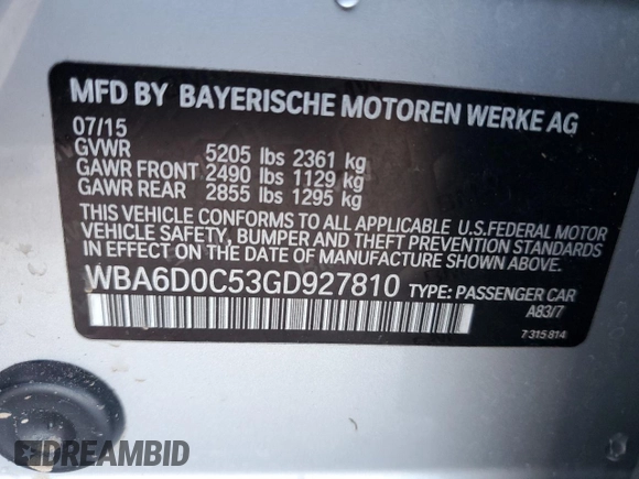 2016 BMW 6 Series 640i with VIN WBA6D0C53GD927810, listed as a Copart auction lot 63524364 with 53,118 mi miles and Salvage Title. Bid and sale history available at carsss.com. Image 13.