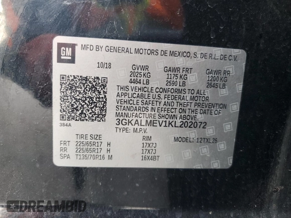 2019 GMC Terrain SLE with VIN 3GKALMEV1KL202072, listed as a Copart auction lot 43186445 with 127,837 mi miles and Clean Title. Bid and sale history available at DreamBid. Image 13.