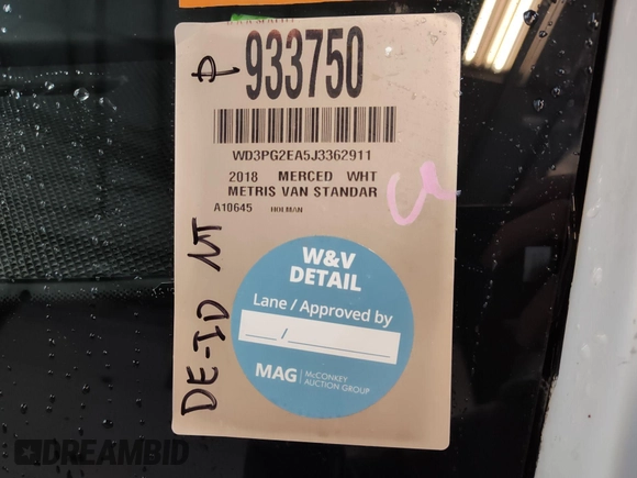 2018 Mercedes-Benz Metris Cargo with VIN WD3PG2EA5J3362911, listed as a IAAI auction lot 42587645 with 129,869 mi miles and . Bid and sale history available at DreamBid. Image 2.