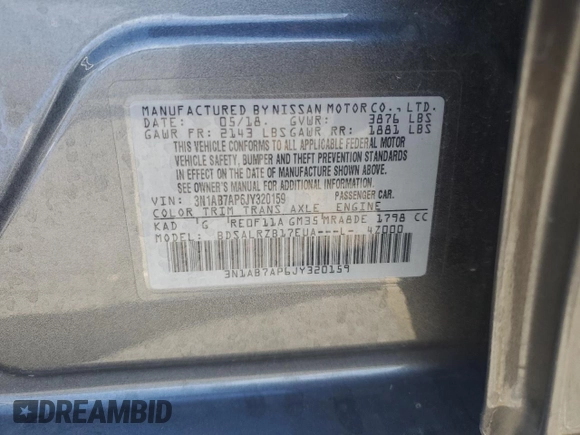 2018 Nissan Sentra SR with VIN 3N1AB7AP6JY320159, listed as a Copart auction lot 45246755 with 73,094 mi miles and Salvage Title. Bid and sale history available at DreamBid. Image 14.