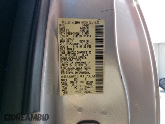 2003 Nissan Frontier XE with VIN 1N6DD26T03C412910, listed as a Copart auction lot 57183135 with Not provided miles and Salvage title. Bid and sale history available at DreamBid. Image 12.