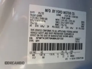 2022 Ford Mustang Mach-E Premium с VIN 3FMTK3R76NMA30130, выставлен на аукционе Copart как лот 58601735 с пробегом 76 466 миль миль и Списание • Salvage title. История ставок и продаж доступна на DreamBid. Изображение 14.