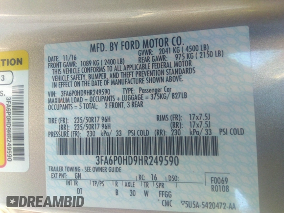 2017 Ford Fusion SE with VIN 3FA6P0HD9HR249590, listed as a IAAI auction lot 40561452 with 161,198 mi miles. Bid and sale history available at carsss.com. Image 9.