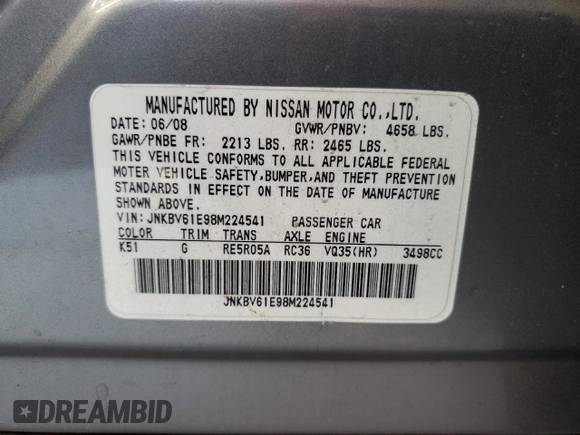 2008 Infiniti G35 with VIN JNKBV61E98M224541, listed as a Copart auction lot 64276944 with Not Provided miles and Salvage Title. Bid and sale history available at DreamBid. Image 13.