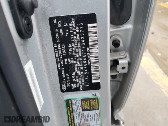 2015 Kia Optima EX with VIN 5XXGN4A71FG433773, listed as a Copart auction lot 43358985 with 53,262 mi miles and Salvage Title. Bid and sale history available at carsss.com. Image 12.