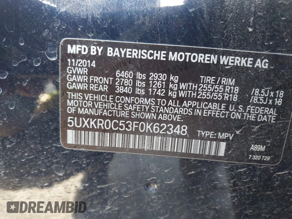 2015 BMW X5 xDrive35i with VIN 5UXKR0C53F0K62348, listed as a IAAI auction lot 41969164 with 122,612 mi miles. Bid and sale history available at carsss.com. Image 9.