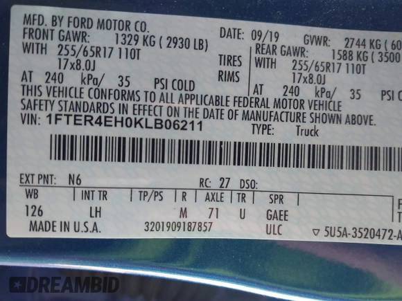 2019 Ford Ranger XL with VIN 1FTER4EH0KLB06211, listed as a IAAI auction lot 41697533 with 44,736 mi miles. Bid and sale history available at carsss.com. Image 9.