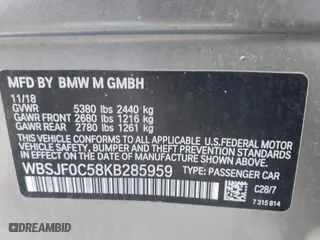 2019 BMW M5 Competition with VIN WBSJF0C58KB285959, listed as a IAAI auction lot 41867705 with 0 mi miles. Bid and sale history available at carsss.com. Image 9.