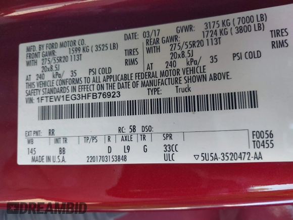 2017 Ford F-150 XL with VIN 1FTEW1EG3HFB76923, listed as a IAAI auction lot 40390419 with 140,758 mi miles. Bid and sale history available at carsss.com. Image 9.