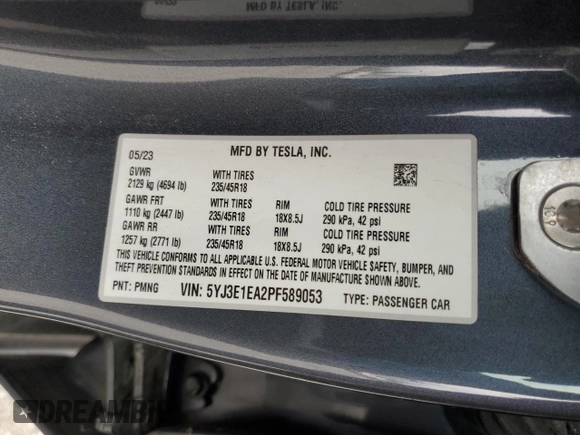 2023 Tesla Model 3 с VIN 5YJ3E1EA2PF589053, выставлен на аукционе Copart как лот 52808215 с пробегом 17 531 миль миль и Списание • Salvage title. История ставок и продаж доступна на DreamBid. Изображение 14.