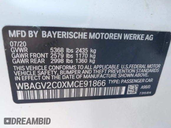 2021 BMW 8 Series 840i with VIN WBAGV2C0XMCE91866, listed as a IAAI auction lot 41688628 with 1 mi miles. Bid and sale history available at carsss.com. Image 9.