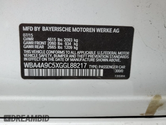 2016 BMW 4 Series 428i with VIN WBA4A9C5XGGL88217, listed as a Copart auction lot 56956985 with 156,209 mi miles and Salvage title. Bid and sale history available at DreamBid. Image 12.