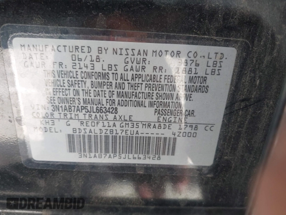 2018 Nissan Sentra SV with VIN 3N1AB7AP5JL663428, listed as a IAAI auction lot 41945721 with 111,084 mi miles. Bid and sale history available at carsss.com. Image 9.