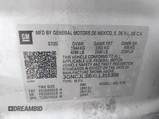 2020 Chevrolet Trax LT with VIN 3GNCJLSBXLL310309, listed as a IAAI auction lot 41893367 with 93,418 mi miles and . Bid and sale history available at DreamBid. Image 9.