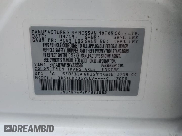 2019 Nissan Sentra SV with VIN 3N1AB7AP2KY335582, listed as a Copart auction lot 43028745 with 67,354 mi miles and Salvage Title. Bid and sale history available at carsss.com. Image 14.