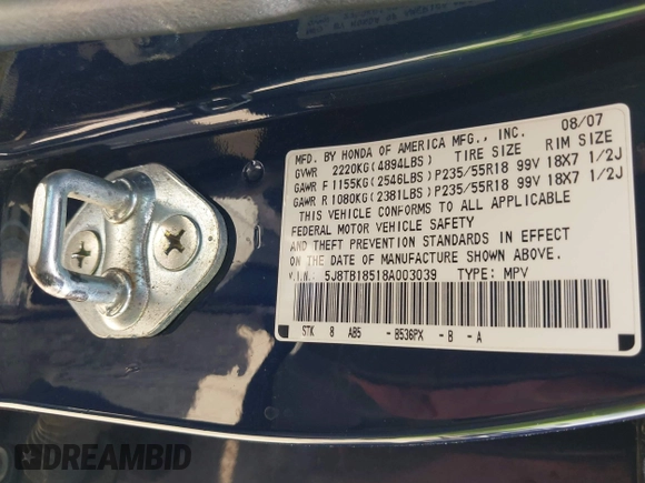2008 Acura RDX Technology with VIN 5J8TB18518A003039, listed as a IAAI auction lot 42546587 with 230,054 mi miles and . Bid and sale history available at DreamBid. Image 9.