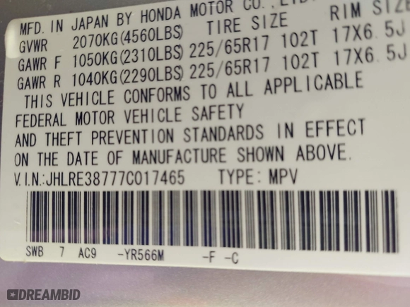 2007 Honda CR-V EX-L with VIN JHLRE38777C017465, listed as a IAAI auction lot 41912230 with 193,167 mi miles. Bid and sale history available at carsss.com. Image 9.