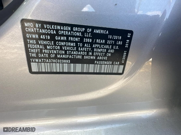 2017 Volkswagen Passat 1.8T S with VIN 1VWAT7A37HC023893, listed as a Copart auction lot 47422734 with 107,944 mi miles. Bid and sale history available at carsss.com. Image 10.