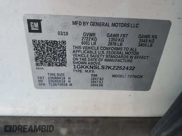 2019 GMC Acadia SLE with VIN 1GKKNSLS7KZ252432, listed as a Copart auction lot 41603915 with 76,115 mi miles and Salvage Title. Bid and sale history available at DreamBid. Image 14.