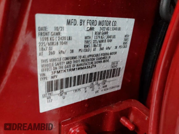 2021 Ford Mustang Mach-E Select z VIN 3FMTK1RM1MMA58278, wystawiony jako Copart lot #72884962 z przebiegiem Nie podano mil oraz . Historia ofert i sprzedaży dostępna na DreamBid. Obrazek 14.