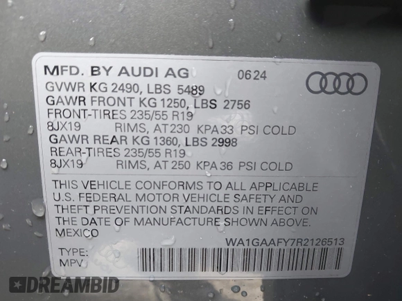 2024 Audi Q5 S line Premium z VIN WA1GAAFY7R2126513, wystawiony jako IAAI lot #41083660 z przebiegiem 927 mil mil oraz . Historia ofert i sprzedaży dostępna na DreamBid. Obrazek 9.
