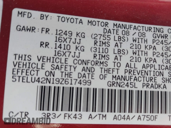 2009 Toyota Tacoma with VIN 5TELU42N19Z617499, listed as a IAAI auction lot 42137195 with 191,280 mi miles and . Bid and sale history available at DreamBid. Image 9.