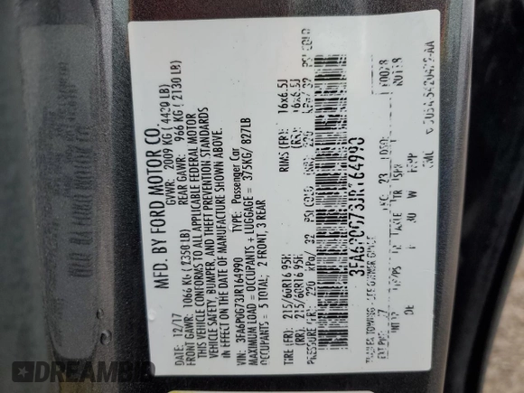 2018 Ford Fusion S with VIN 3FA6P0G73JR164990, listed as a Copart auction lot 45962225 with 0 mi miles and Salvage Title. Bid and sale history available at carsss.com. Image 15.