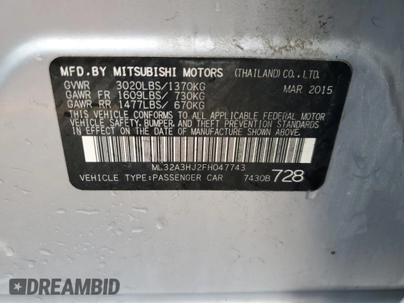 2015 Mitsubishi Mirage DE z VIN ML32A3HJ2FH047743, wystawiony jako Copart lot #58861625 z przebiegiem 117 016 mil mil oraz Czysty tytuł • Clean title. Historia ofert i sprzedaży dostępna na DreamBid. Obrazek 12.
