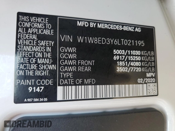 2020 Mercedes-Benz Sprinter with VIN W1W8ED3Y6LT021195, listed as a Copart auction lot 62437603 with 49,889 mi miles and . Bid and sale history available at DreamBid. Image 13.