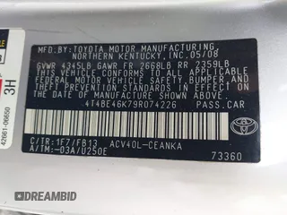 2009 Toyota Camry z VIN 4T4BE46K79R074226, wystawiony jako IAAI lot #42351692 z przebiegiem 212 648 mil mil oraz . Historia ofert i sprzedaży dostępna na DreamBid. Obrazek 9.