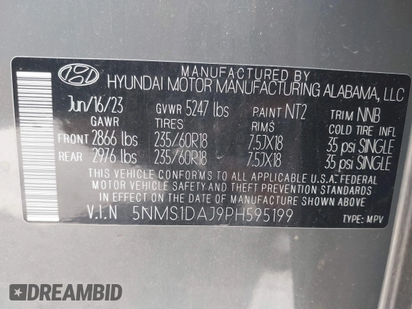 2023 Hyundai Santa Fe SE с VIN 5NMS1DAJ9PH595199, выставлен на аукционе IAAI как лот 42324421 с пробегом 37 358 миль миль и . История ставок и продаж доступна на DreamBid. Изображение 9.