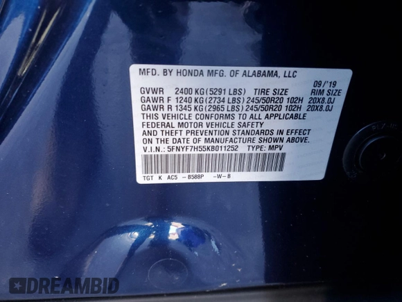 2019 Honda Passport EX-L with VIN 5FNYF7H55KB011252, listed as a Copart auction lot 82930234 with 61,777 mi miles and Salvage Title. Bid and sale history available at carsss.com. Image 13.