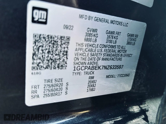 2022 Chevrolet Silverado 1500 Custom with VIN 1GCPABEK7NZ633597, listed as a Copart auction lot 42431625 with 31,487 mi miles and Salvage Title. Bid and sale history available at DreamBid. Image 10.