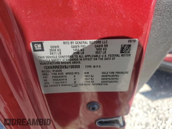 2011 GMC Acadia SLT1 with VIN 1GKKRREDXBJ198358, listed as a Copart auction lot 46448755 with 120,514 mi miles and Salvage Title. Bid and sale history available at carsss.com. Image 13.