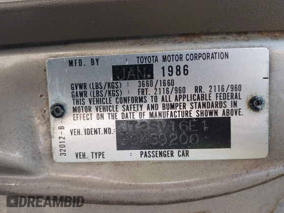 1986 Toyota Camry z VIN JT2SV16E1G0439200, wystawiony jako IAAI lot #42395141 z przebiegiem 159 698 mil mil oraz . Historia ofert i sprzedaży dostępna na DreamBid. Obrazek 9.