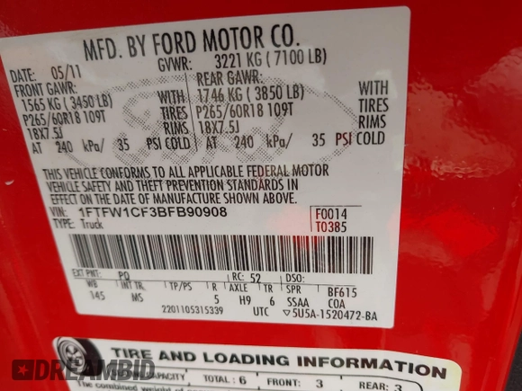 2011 Ford F-150 XL with VIN 1FTFW1CF3BFB90908, listed as a IAAI auction lot 41824680 with 330,238 mi miles. Bid and sale history available at carsss.com. Image 9.