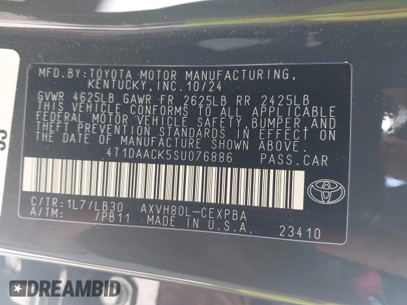 2025 Toyota Camry LE with VIN 4T1DAACK5SU076886, listed as a IAAI auction lot 41629641 with 9,919 mi miles and . Bid and sale history available at DreamBid. Image 9.
