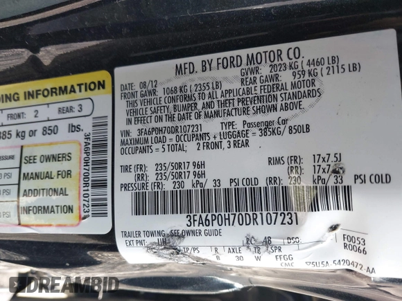 2013 Ford Fusion SE with VIN 3FA6P0H70DR107231, listed as a IAAI auction lot 41966916 with 244,218 mi miles. Bid and sale history available at carsss.com. Image 9.